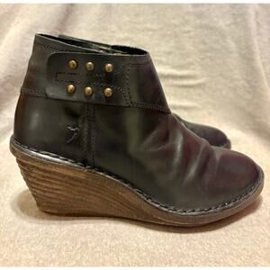 Fly London EU 37 (US 6.5-7) Black Leather Wedge Women’s Ankle Boots Side Zip